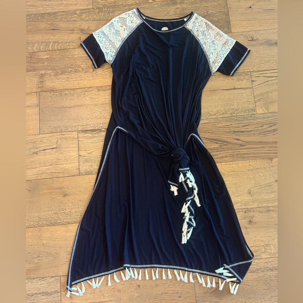 DOUBLE D RANCH - Maxi Black t-shirt top or dress w/ slits, fringe, & lace sleeve